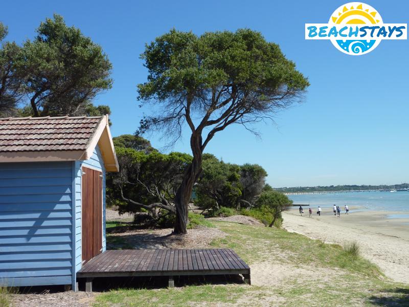Bathing box along bay beach